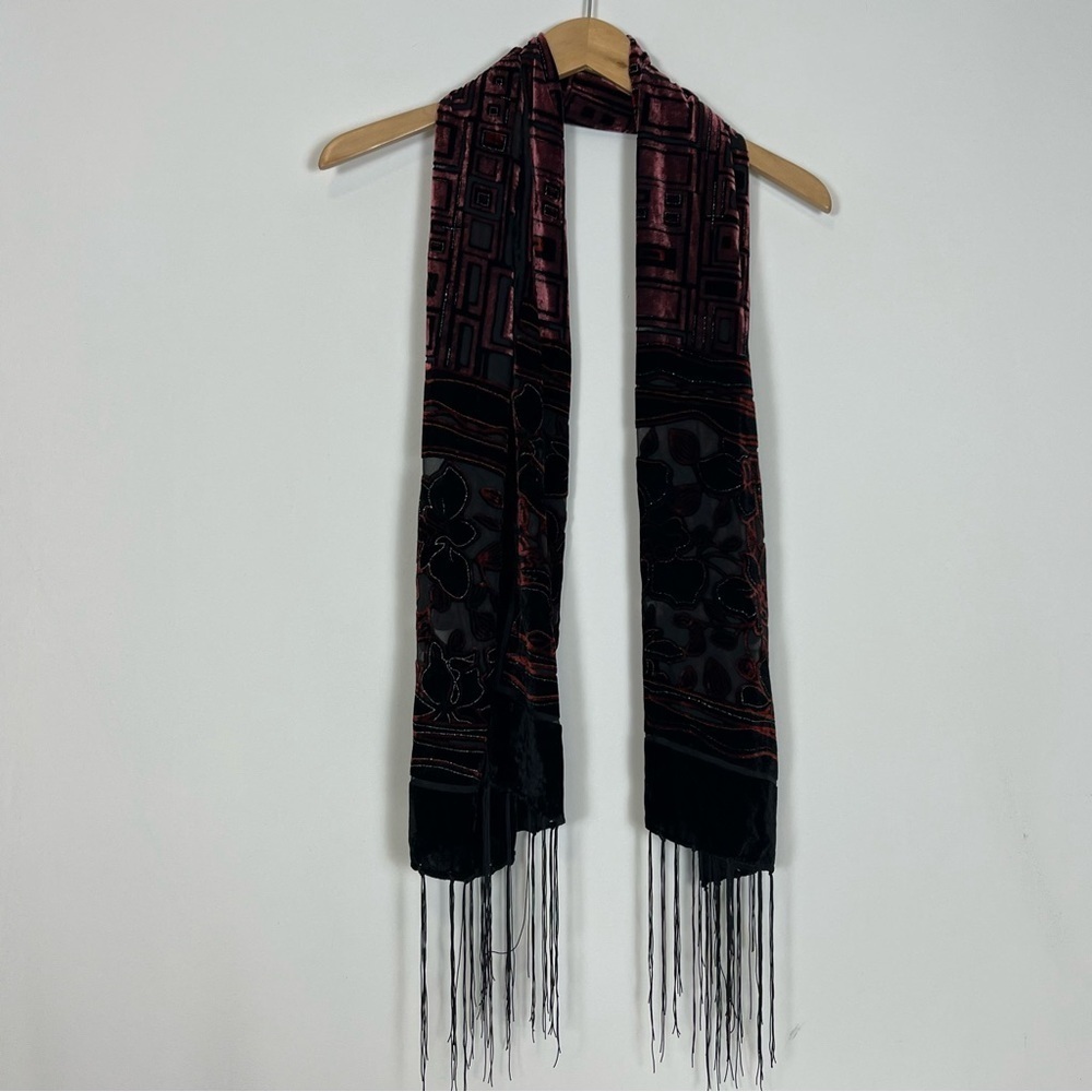 black, burgundy and silver burnout velvet scarf silk blend. - Picture 1 of 7